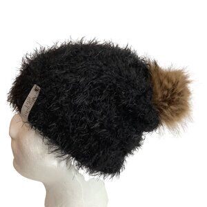 Colorado Girl Black Fuzzy Knit Beanie Hat Faux Fur Pom Side Tag Winter Ski